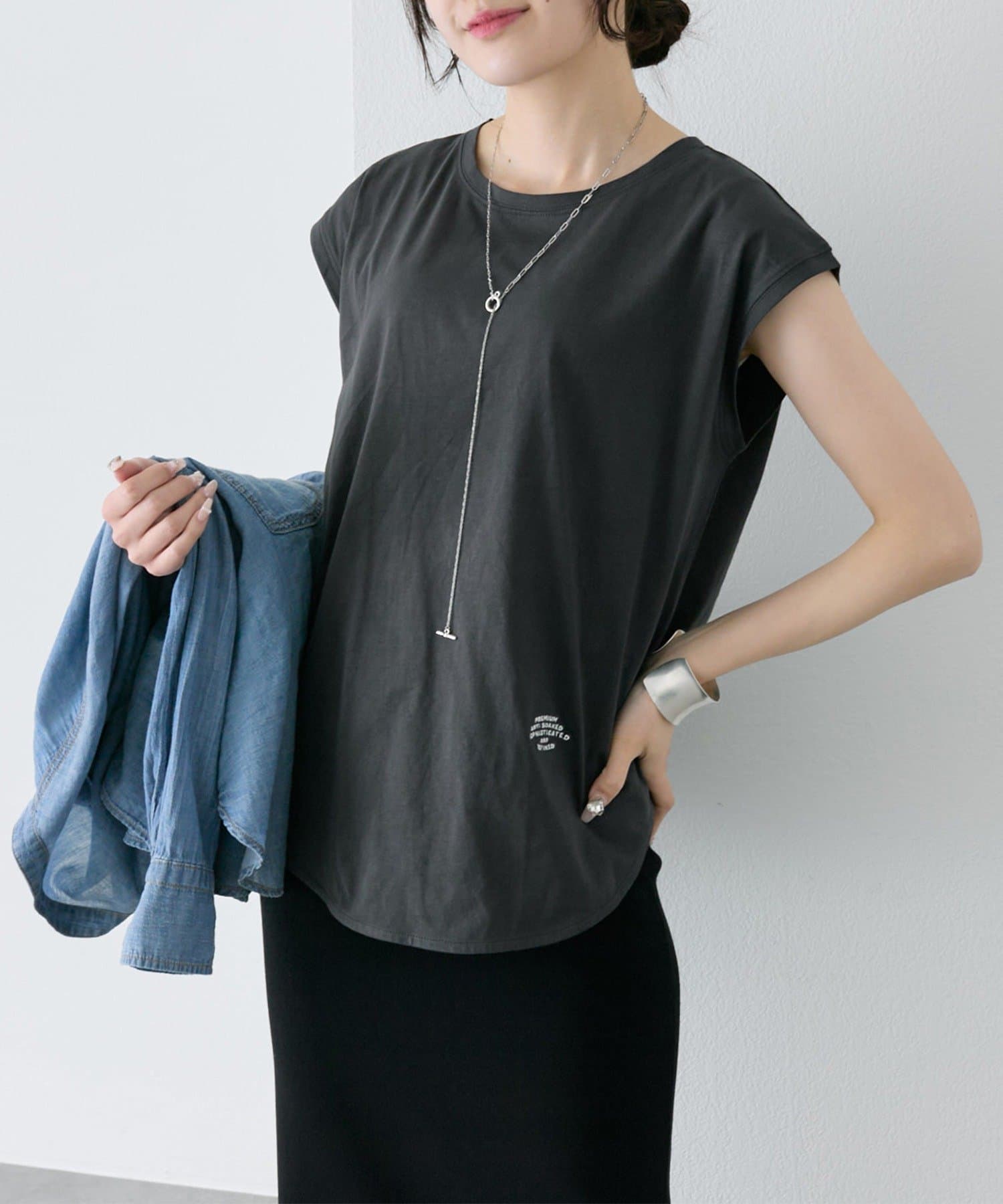 PUAL CE CIN(ピュアルセシン) 【汗ジミ防止加工】ワンポイントロゴ刺繍フレンチスリーブTシャツ