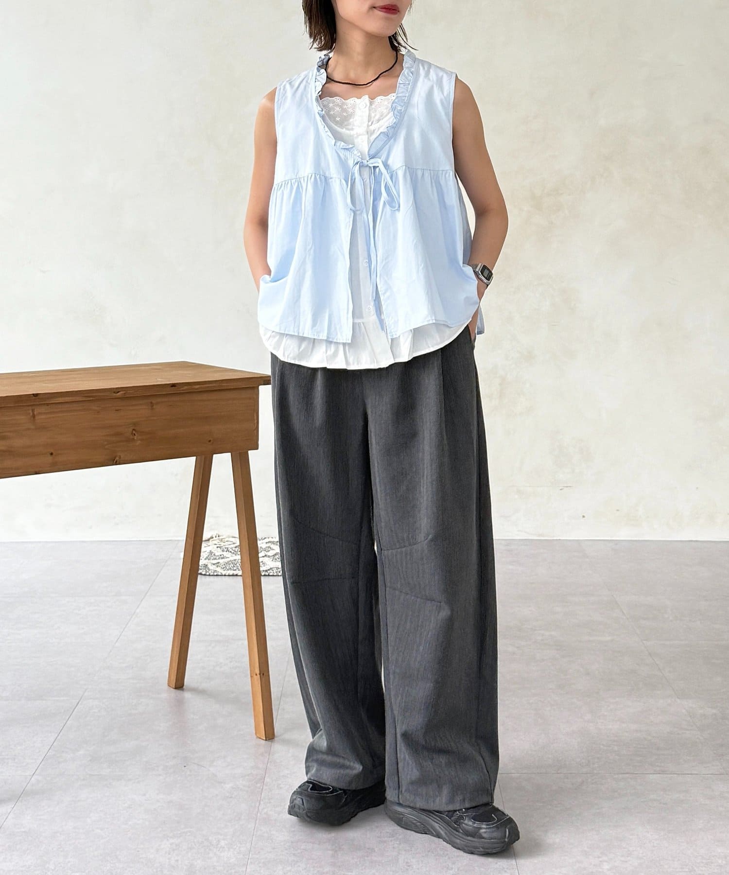 CPCM(シーピーシーエム) フェイクレイヤードフリルリボンベスト