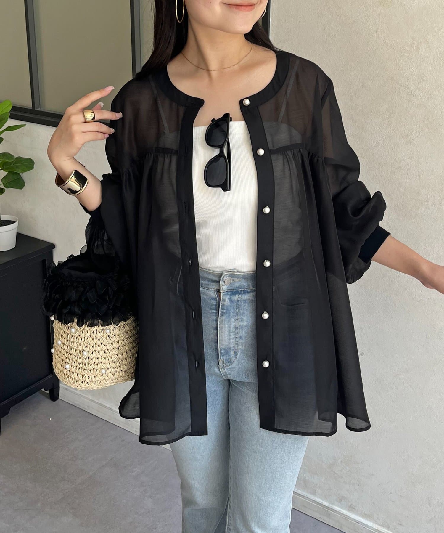 prose verse(プロズヴェール) パールボタン袖リブAラインシアーシャツ