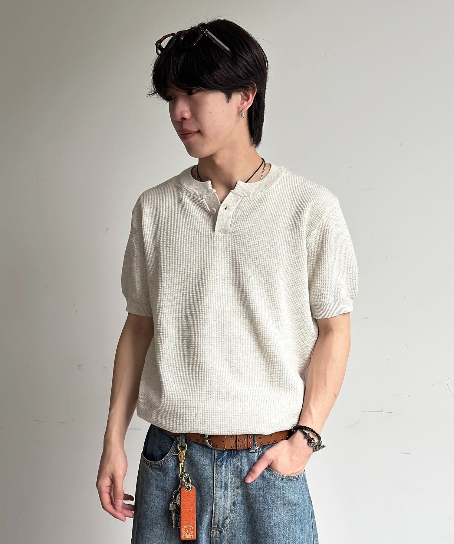 CPCM(シーピーシーエム) ヘンリー半袖ニットプルオーバー