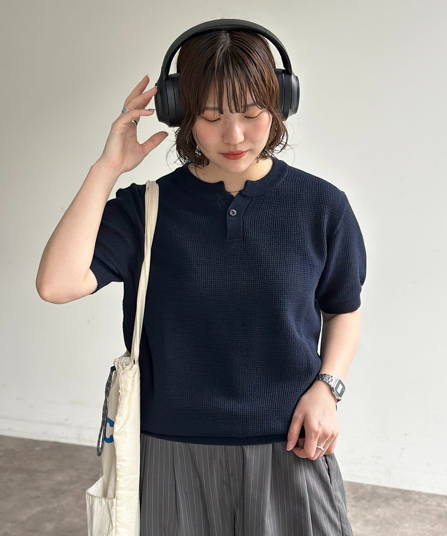 CPCM(シーピーシーエム) ヘンリー半袖ニットプルオーバー