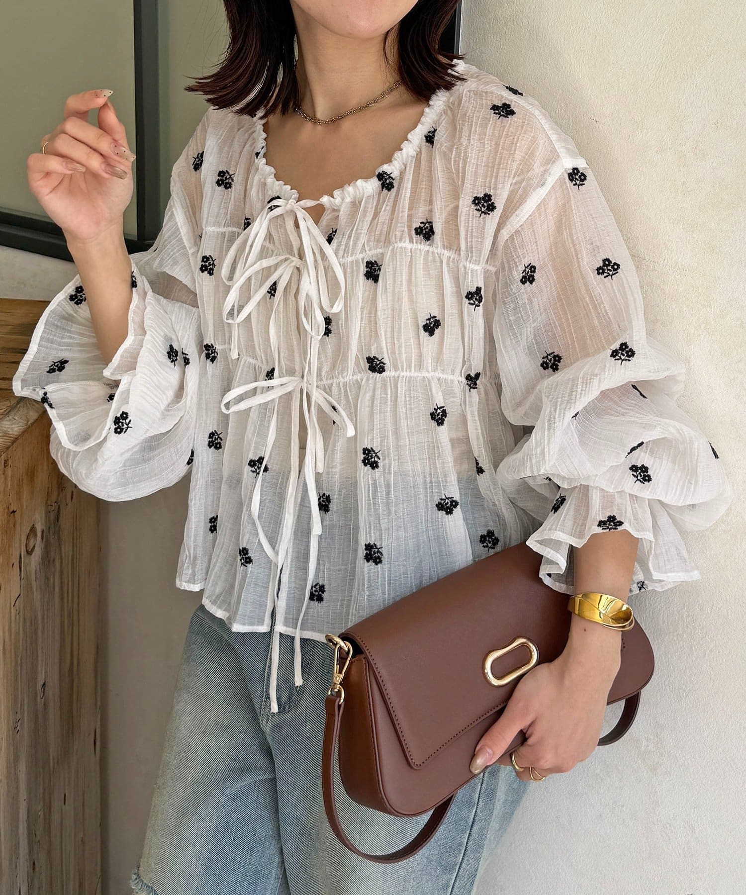 Thevon.(ゼヴォン) 楊柳リボンシャーリングシアーブラウス