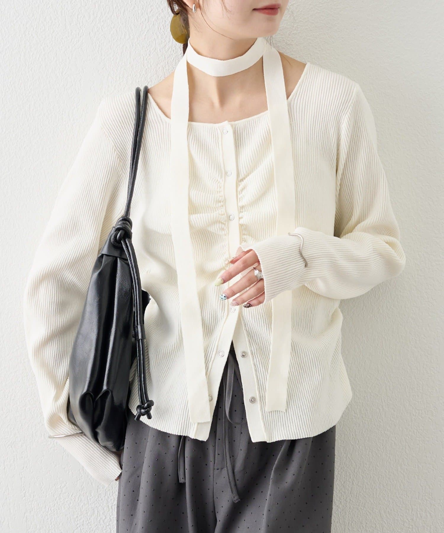 mystic(ミスティック) タイ付きスクエアネックカーディガン