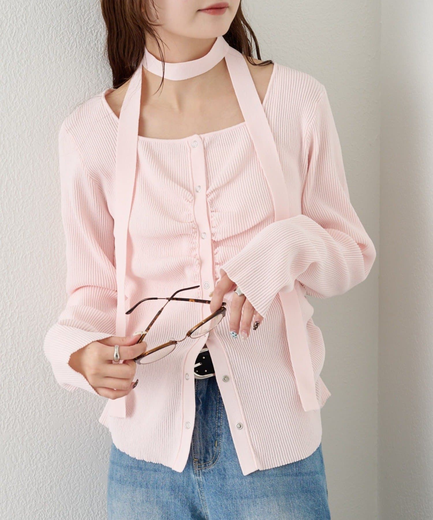 mystic(ミスティック) タイ付きスクエアネックカーディガン