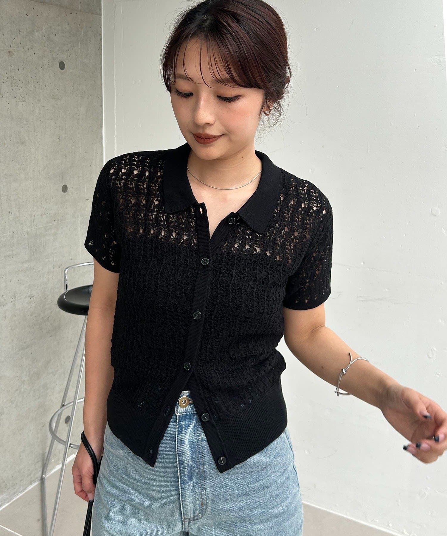 CAPRICIEUX LE'MAGE(カプリシュレマージュ) 【華奢見え】レース襟付きカーディガン