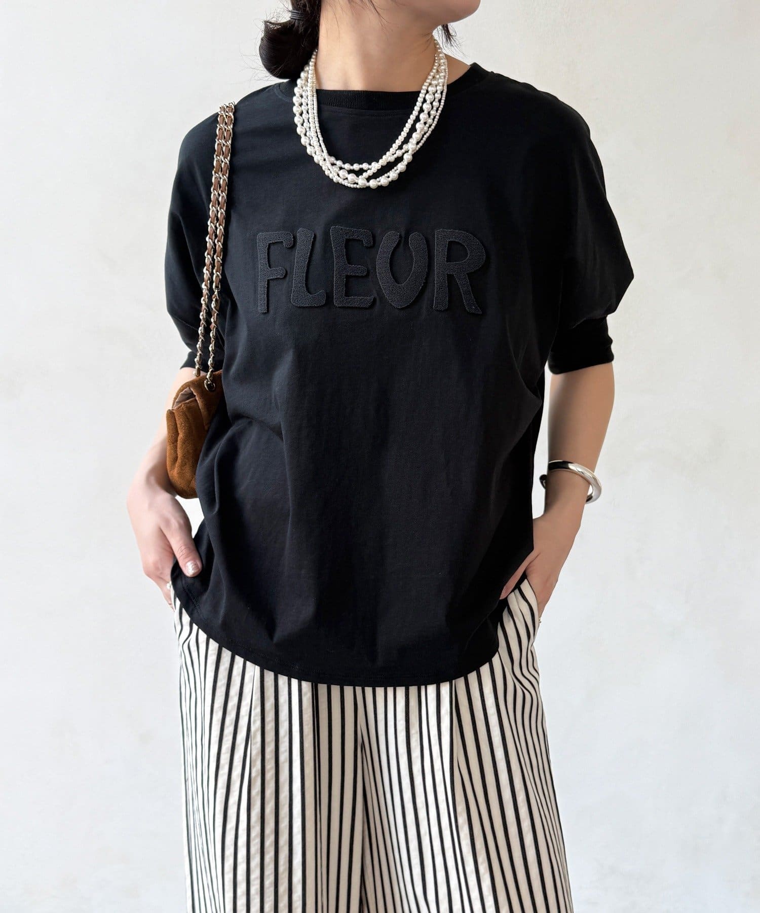 DOUDOU(ドゥドゥ) 【WEB限定】7分袖芝生刺繍ロゴTEE