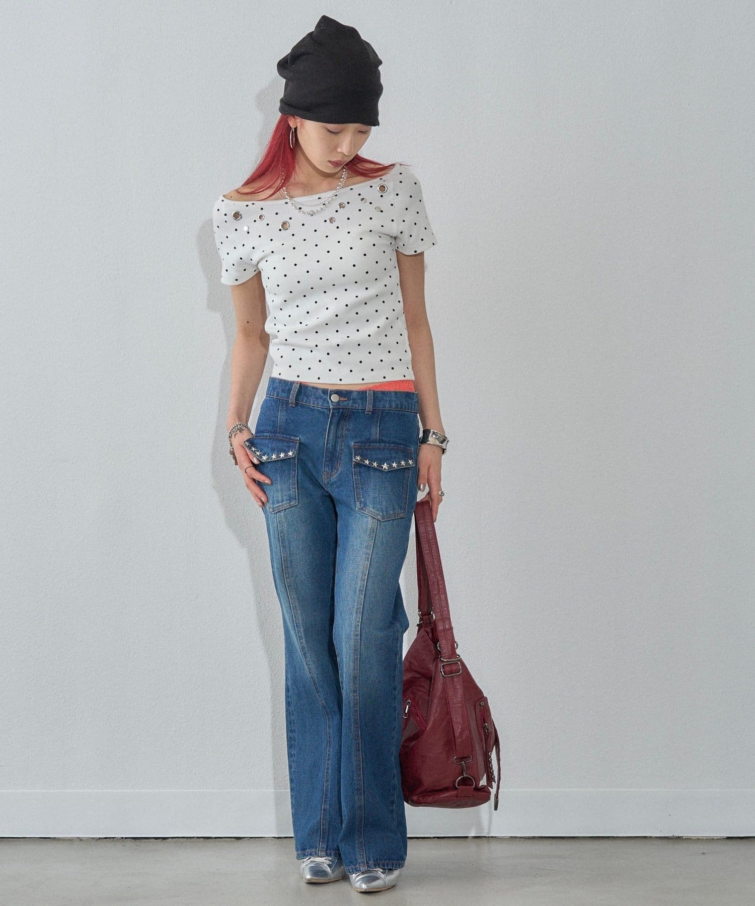 WHO’S WHO gallery(フーズフーギャラリー) 【WEB限定】ハトメオフショル半袖トップス（無地/ドット）