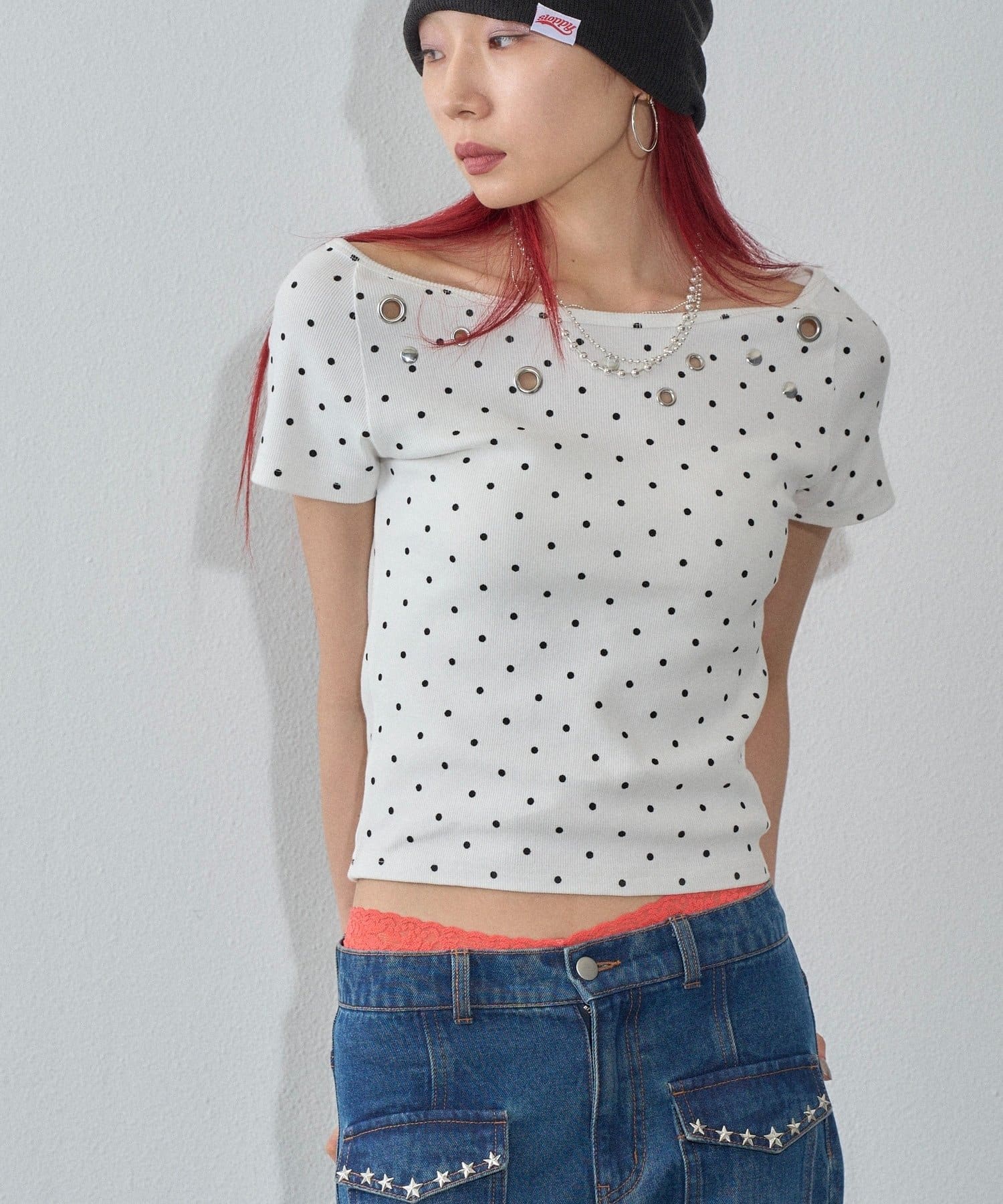 WHO’S WHO gallery(フーズフーギャラリー) 【WEB限定】ハトメオフショル半袖トップス（無地/ドット）