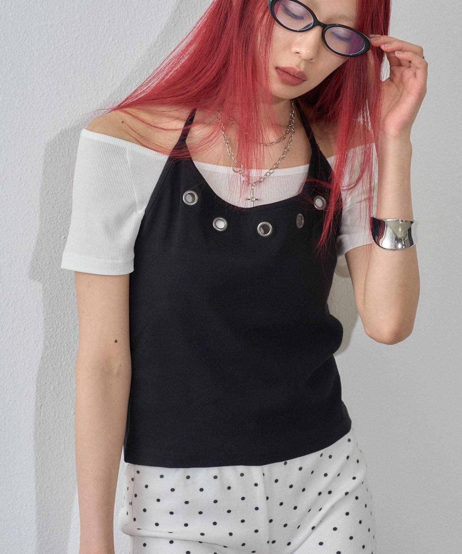 WHO’S WHO gallery(フーズフーギャラリー) 【WEB限定】ハトメホルターレイヤード半袖トップス（ドット/無地）