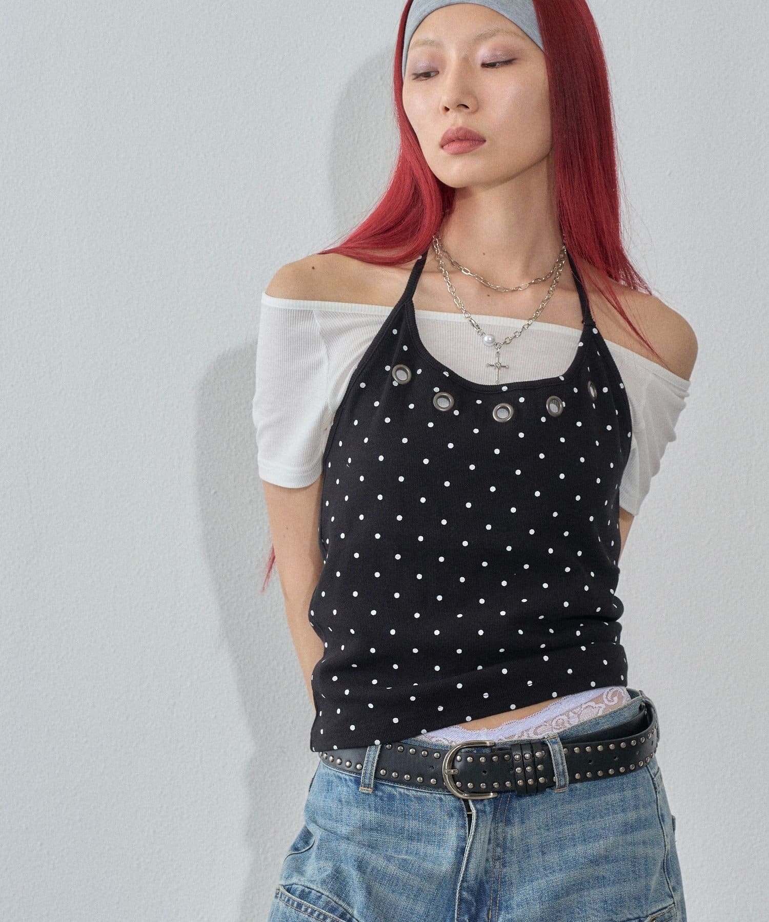 WHO’S WHO gallery(フーズフーギャラリー) 【WEB限定】ハトメホルターレイヤード半袖トップス（ドット/無地）