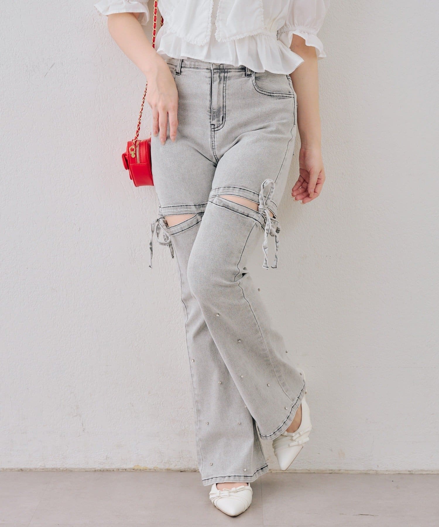 NICE CLAUP / OLIVE des OLIVE OUTLET(ナイスクラップ  / オリーブ デ オリーブ アウトレット) 【ANOTHER BRANCH】サイドリボンビュー付フレアーパンツ