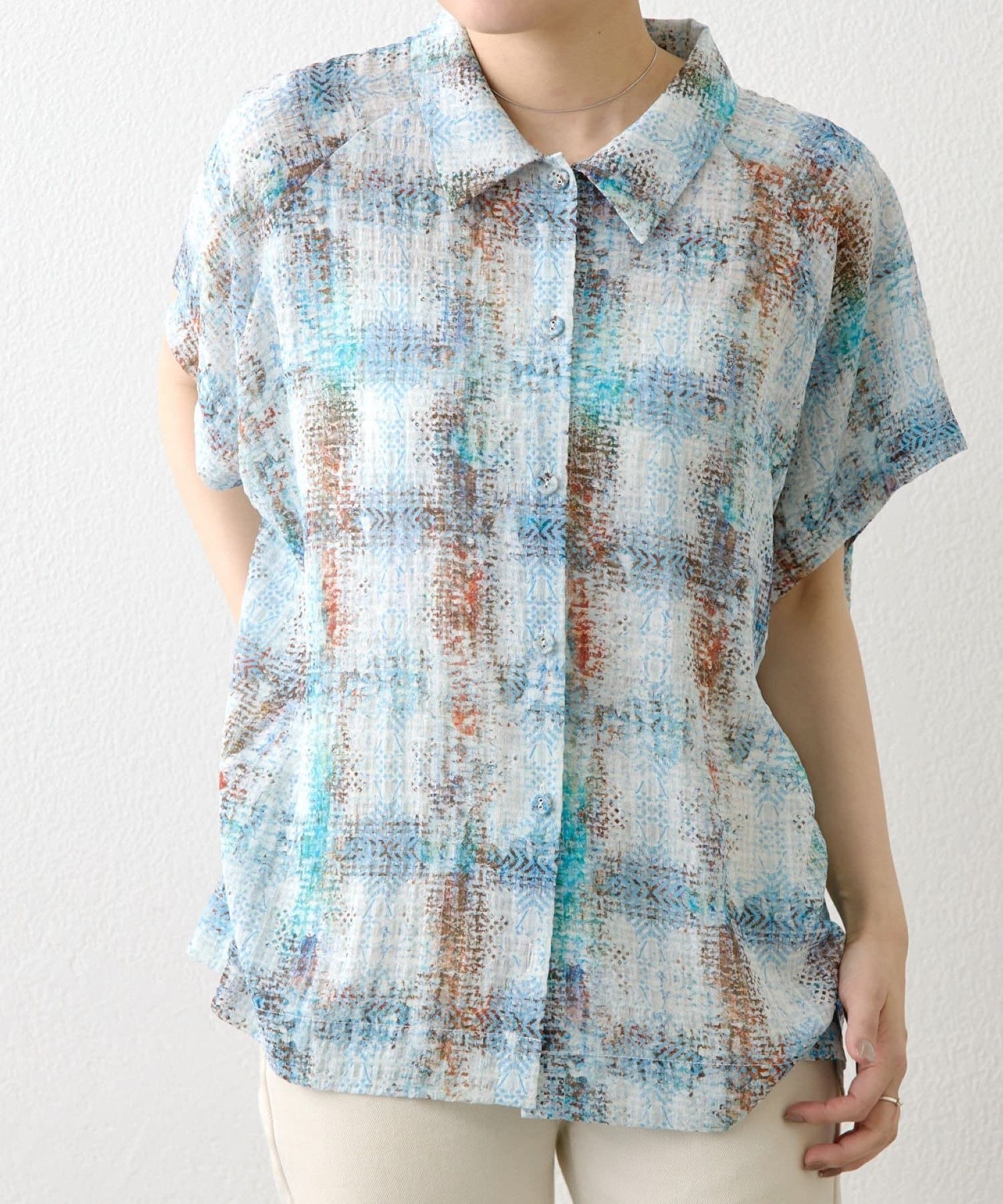 ear PAPILLONNER(イア パピヨネ) 《透け感あり》襟付き半袖プリントシャツ【SUM1 STYLE(スミスタイル)】