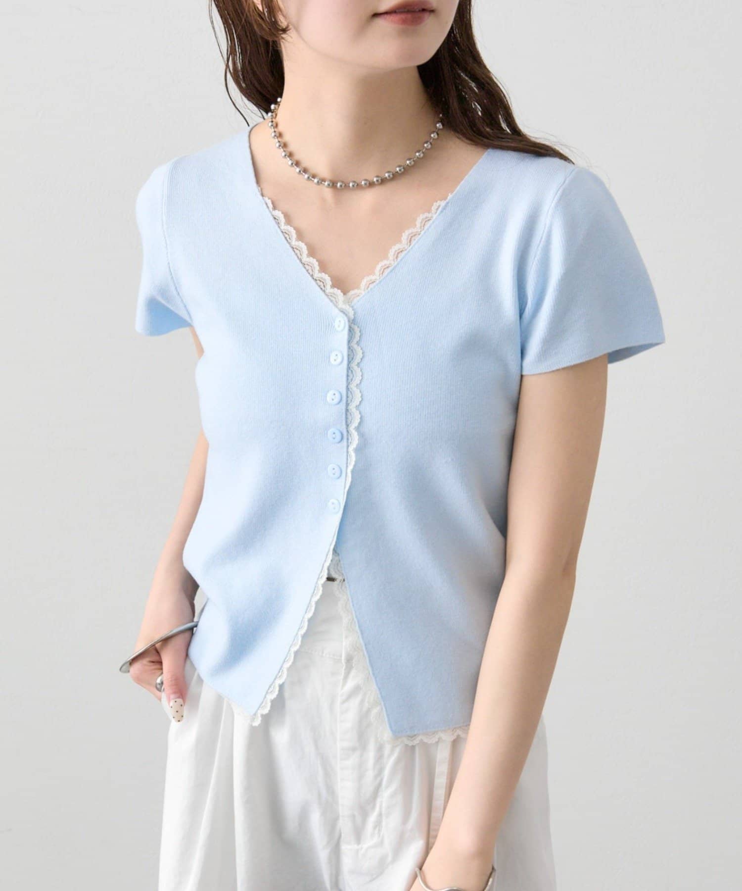 mystic(ミスティック) レースライン半袖ニットカーディガン