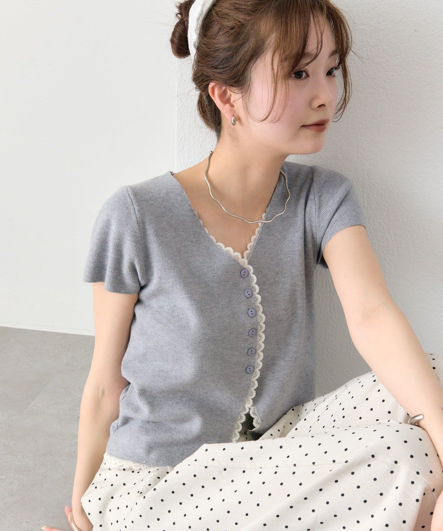 mystic(ミスティック) レースライン半袖ニットカーディガン