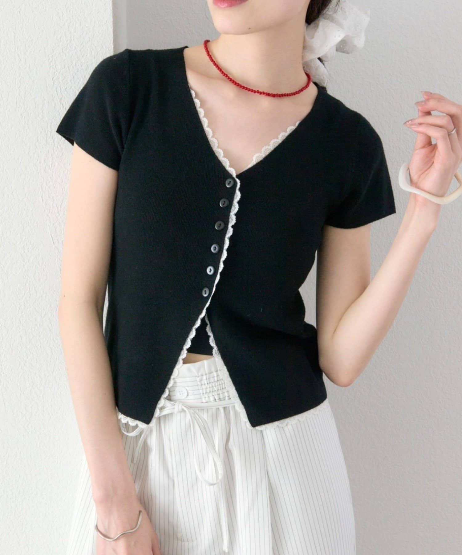 mystic(ミスティック) レースライン半袖ニットカーディガン