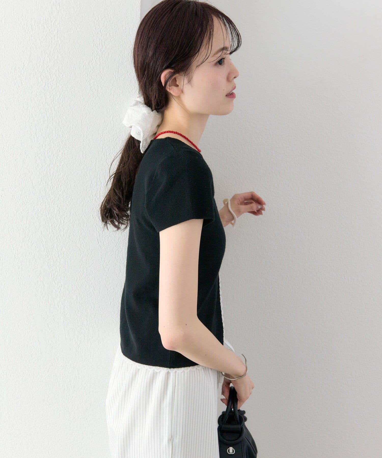 mystic(ミスティック) レースライン半袖ニットカーディガン