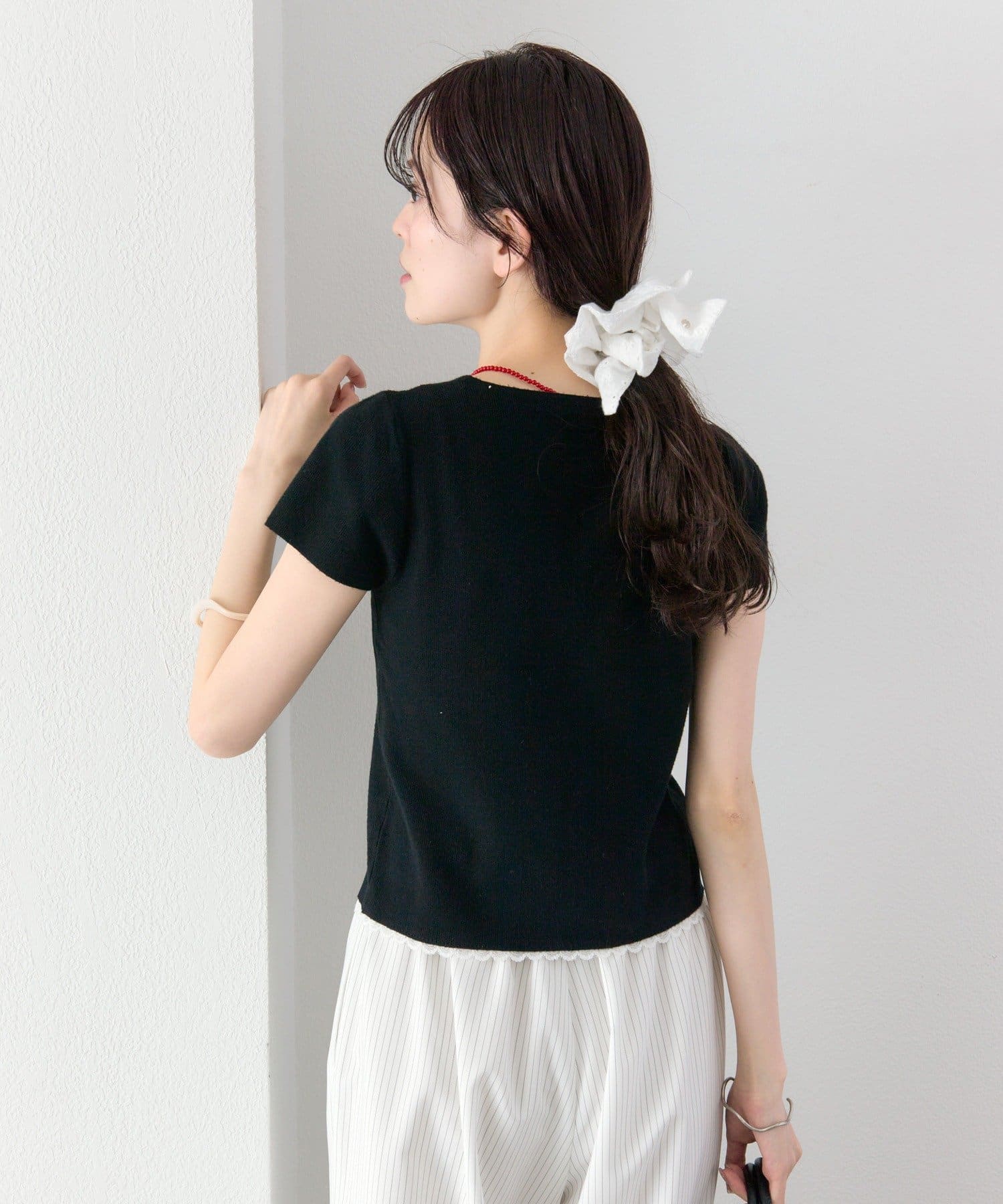 mystic(ミスティック) レースライン半袖ニットカーディガン