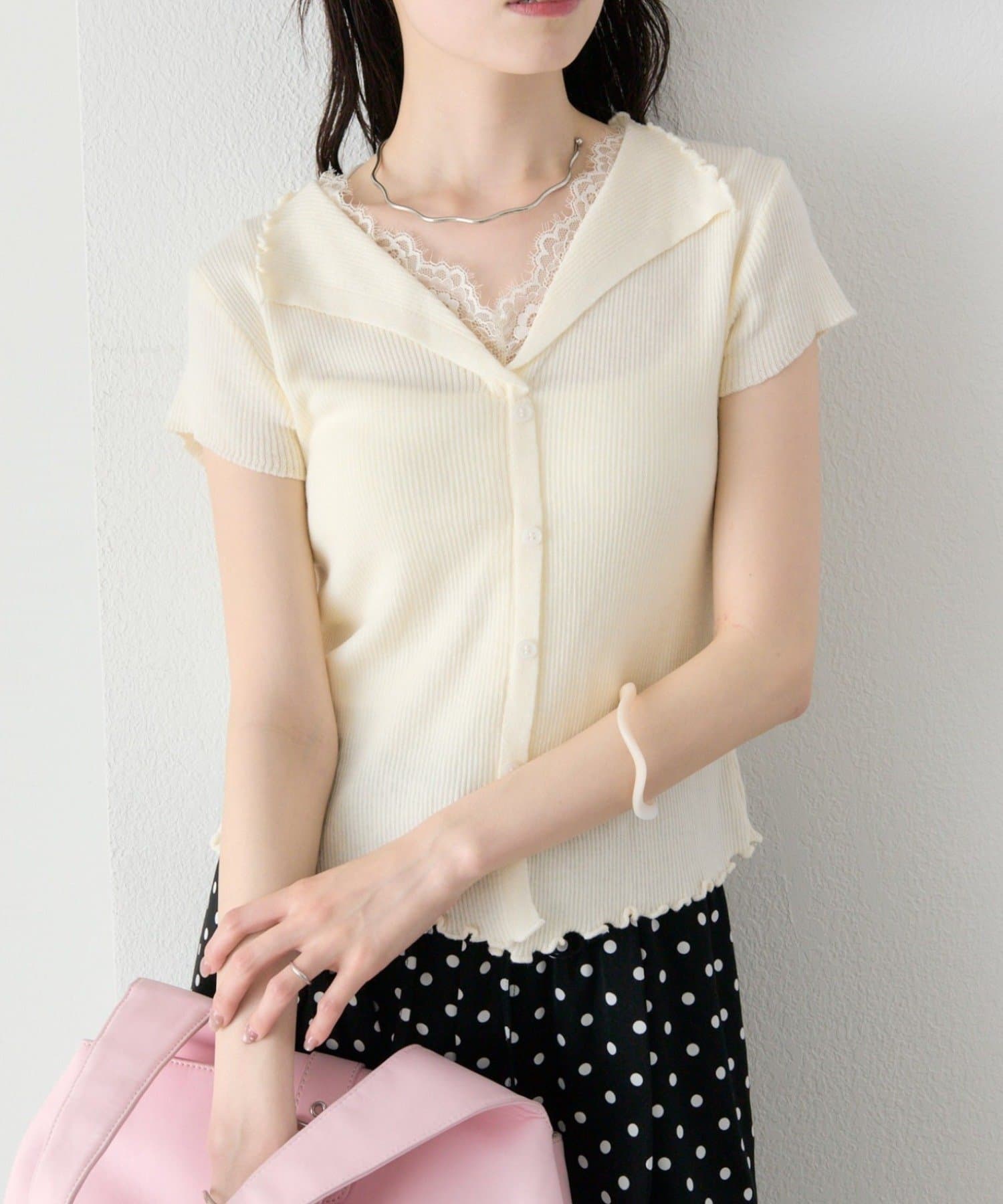 mystic(ミスティック) レースドッキング半袖ニットカーディガン