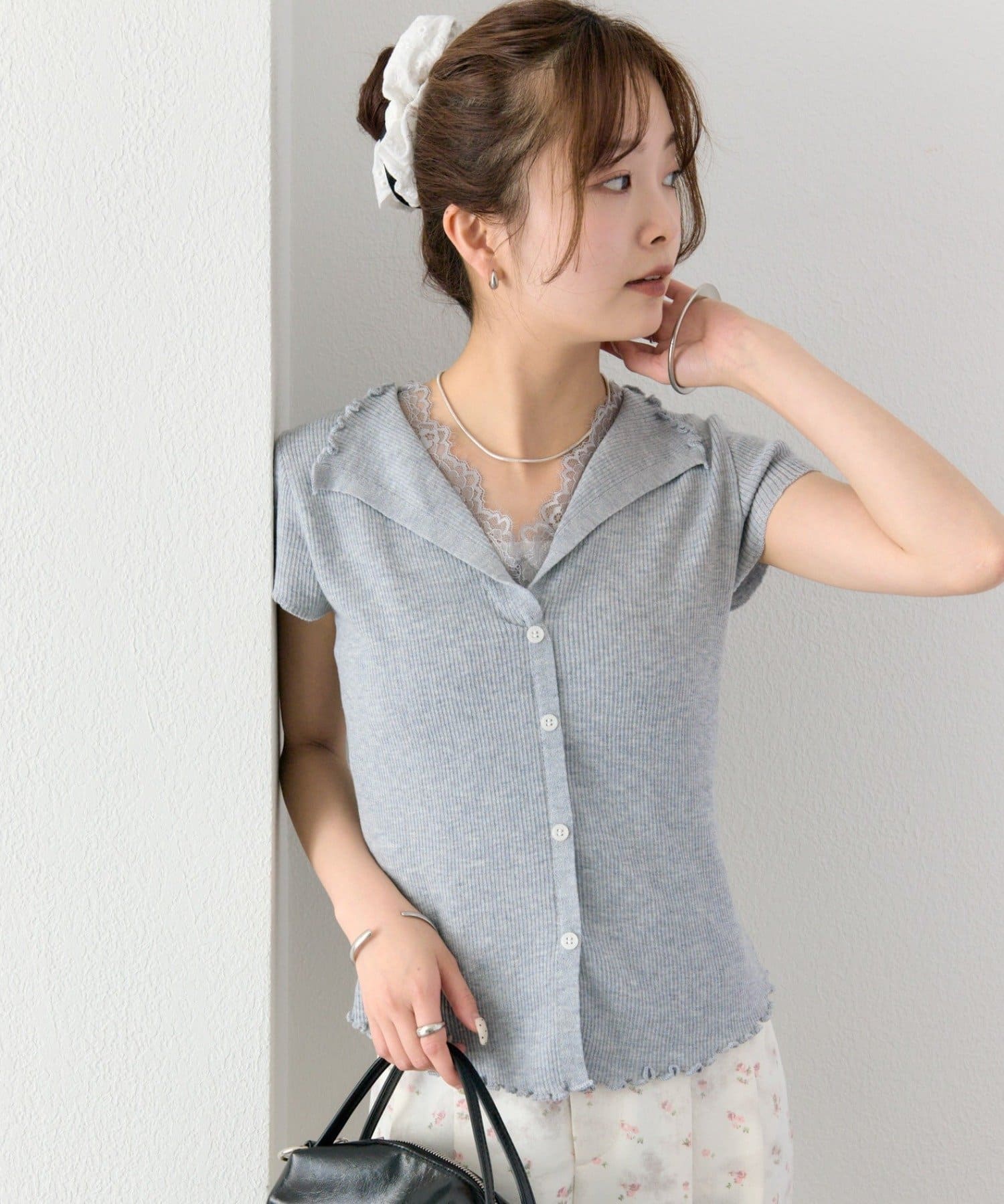 mystic(ミスティック) レースドッキング半袖ニットカーディガン