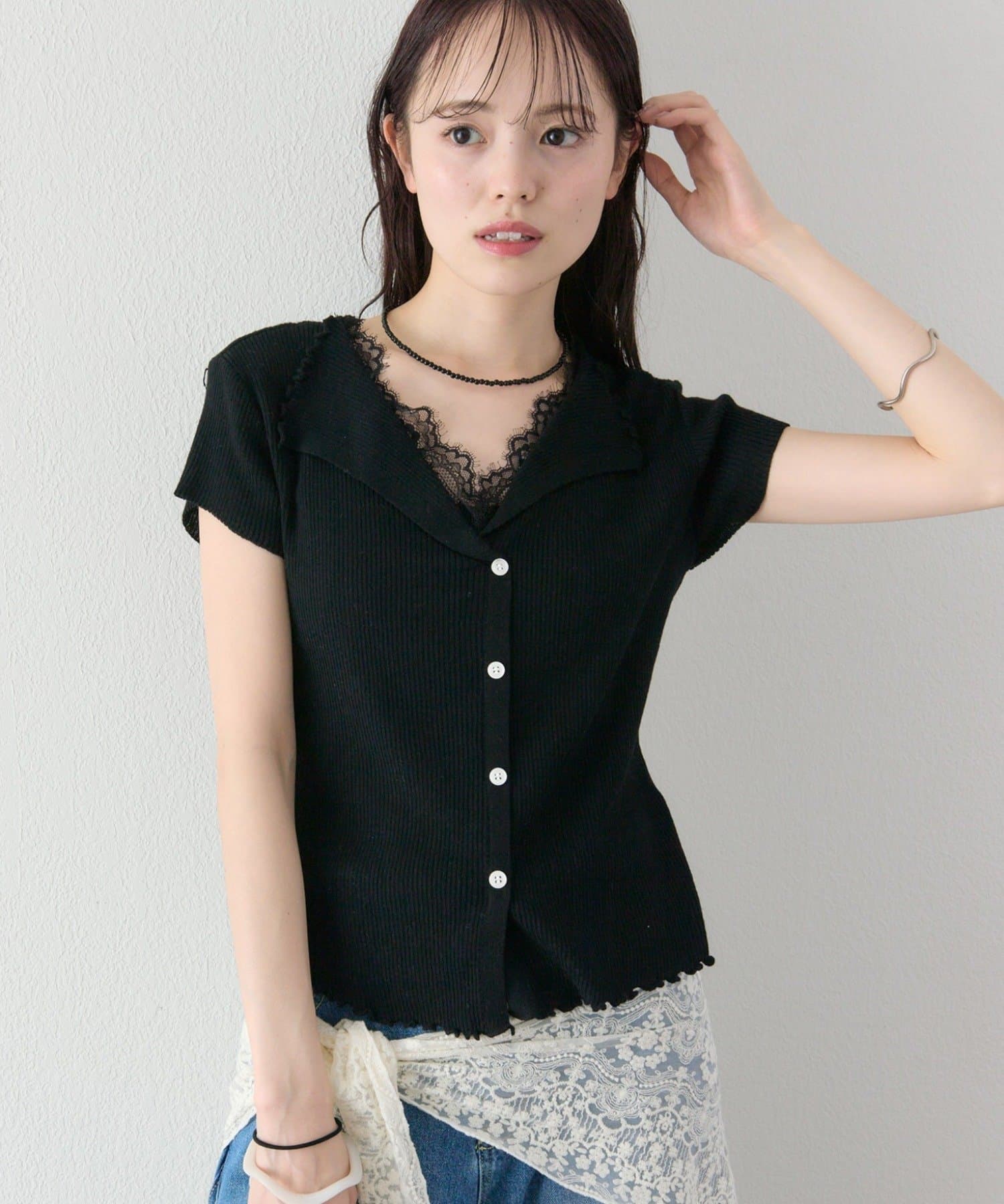 mystic(ミスティック) レースドッキング半袖ニットカーディガン