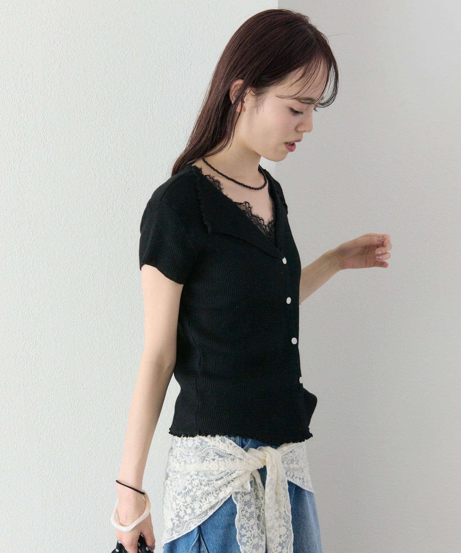 mystic(ミスティック) レースドッキング半袖ニットカーディガン