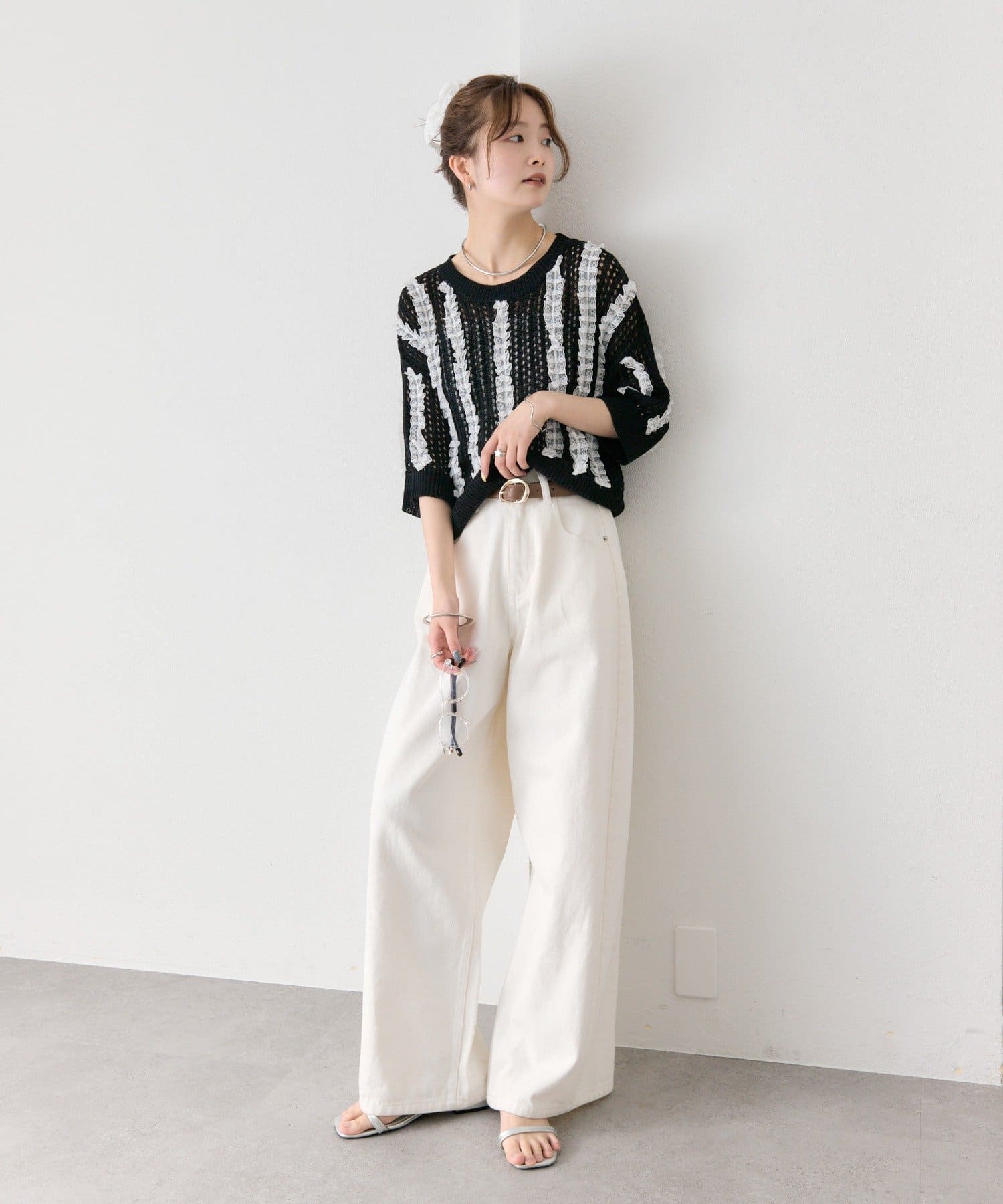 mystic(ミスティック) フリルライン半袖ニット