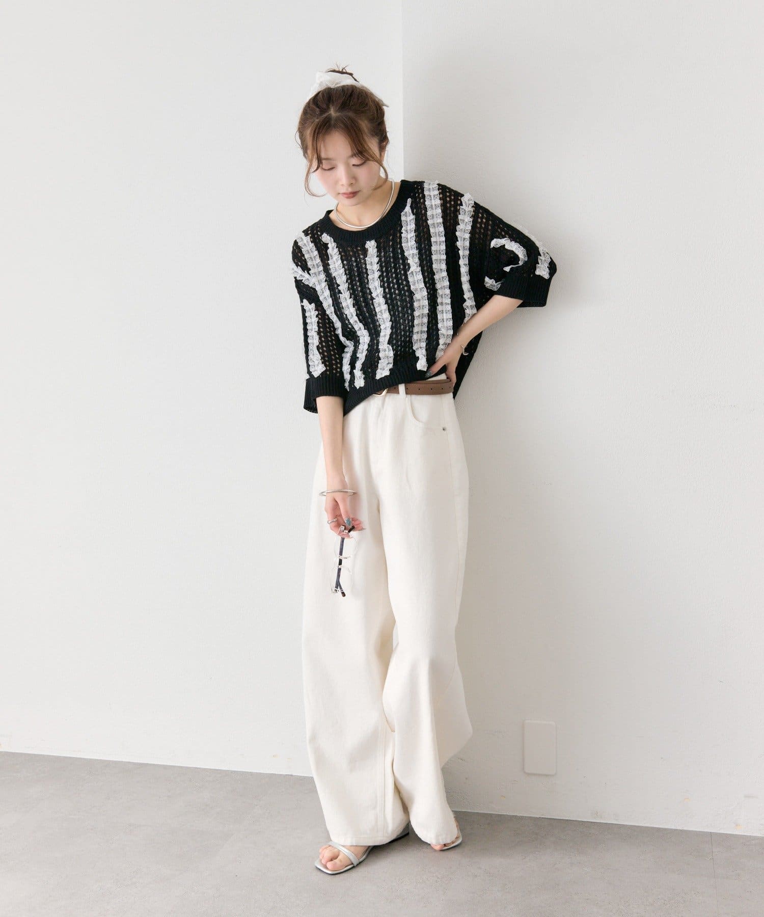 mystic(ミスティック) フリルライン半袖ニット