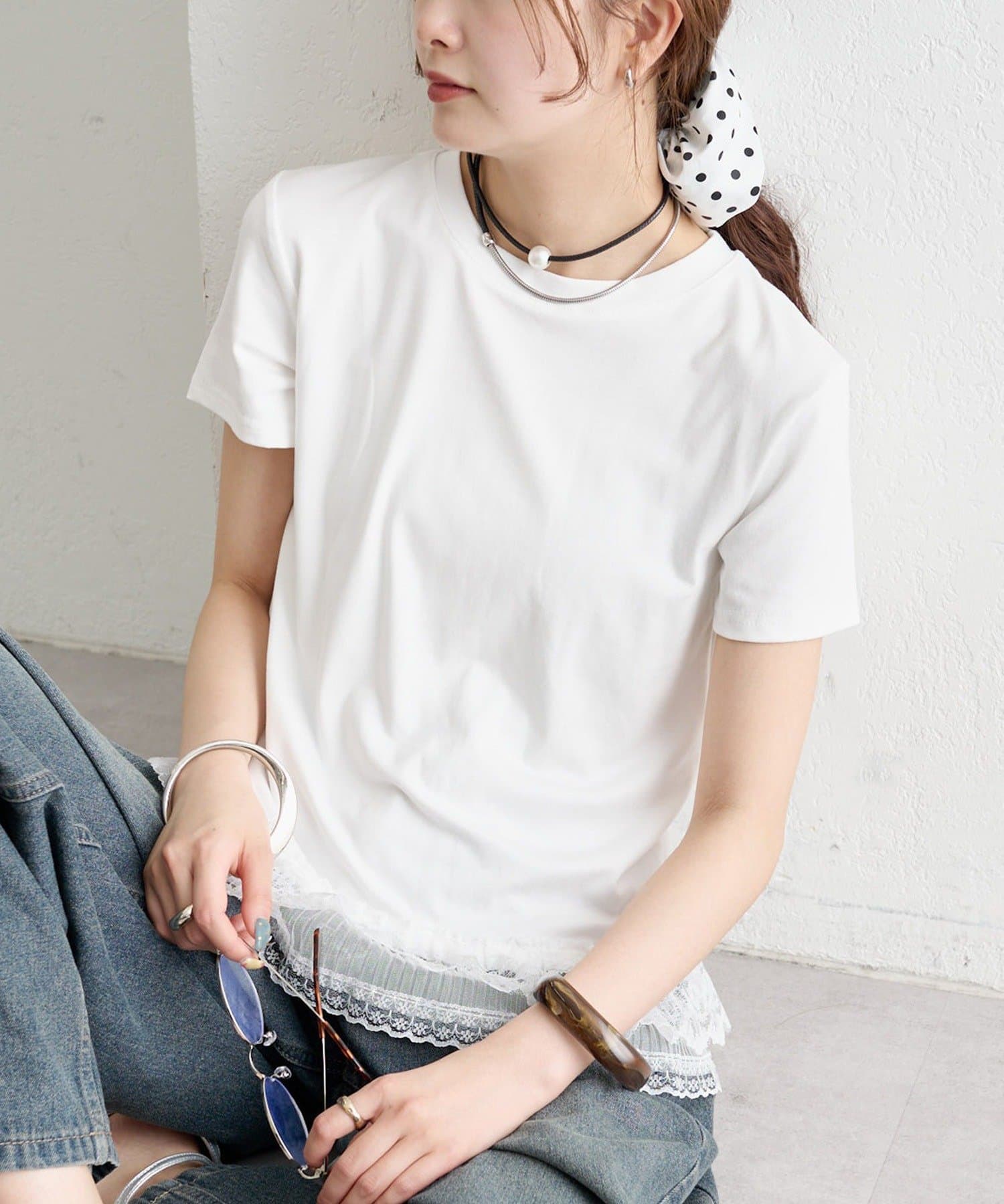 mystic(ミスティック) 《WEB限定》裾レースドッキングTシャツ