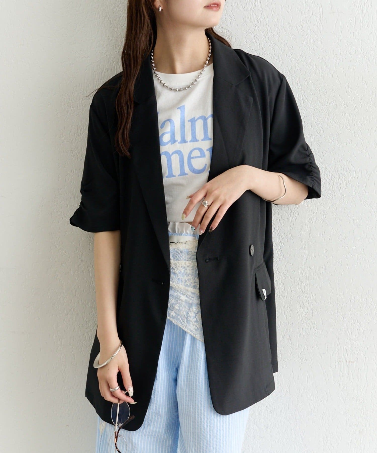 mystic(ミスティック) 袖口ギャザー半袖ジャケット