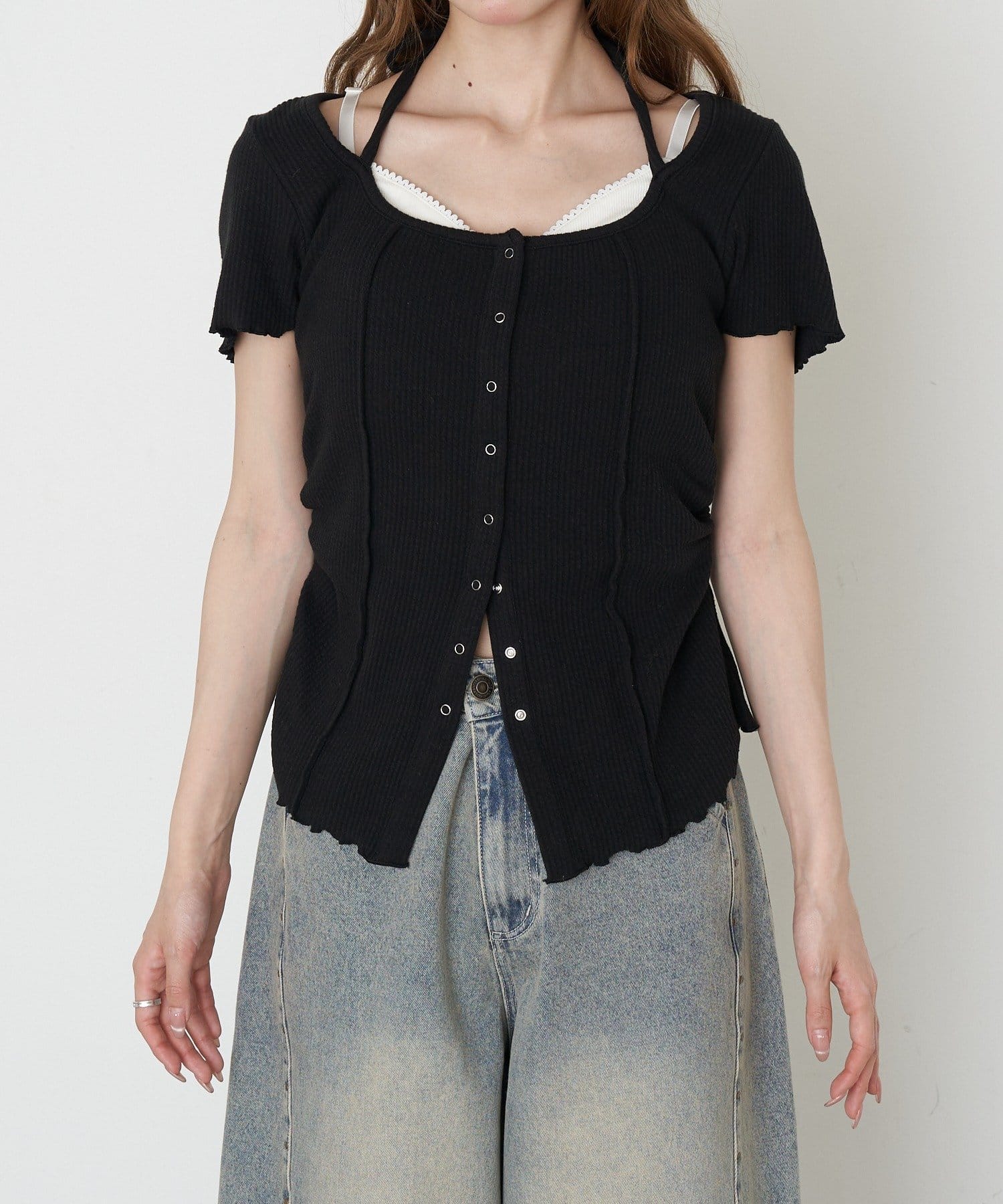 RAY CASSIN(レイカズン) 【マルチウェイ】釦開きクロス紐半袖Tシャツ / カーディガン