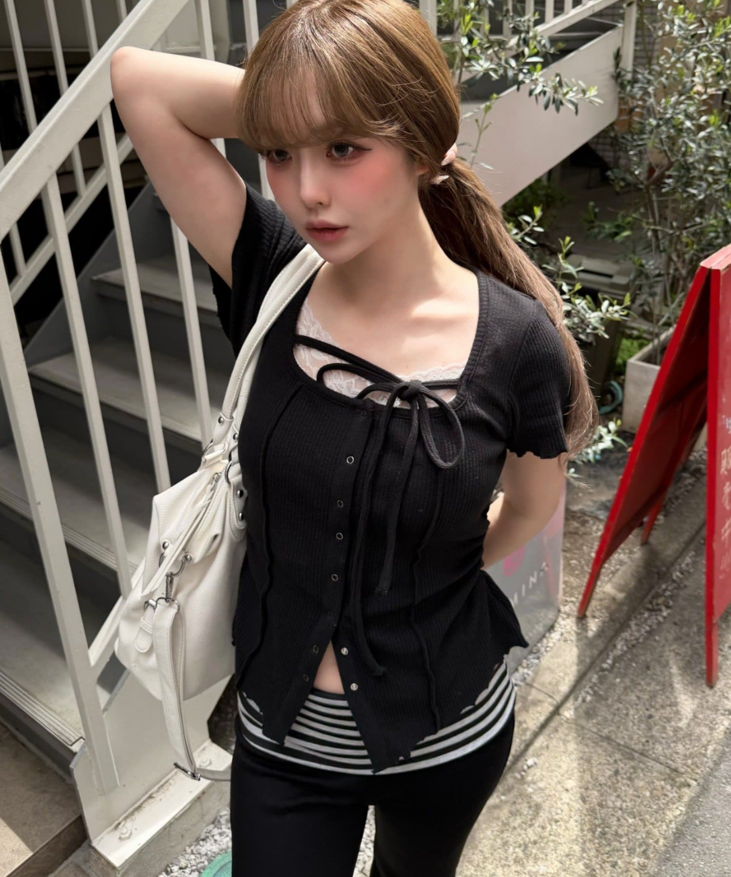 RAY CASSIN(レイカズン) 【マルチウェイ】釦開きクロス紐半袖Tシャツ / カーディガン