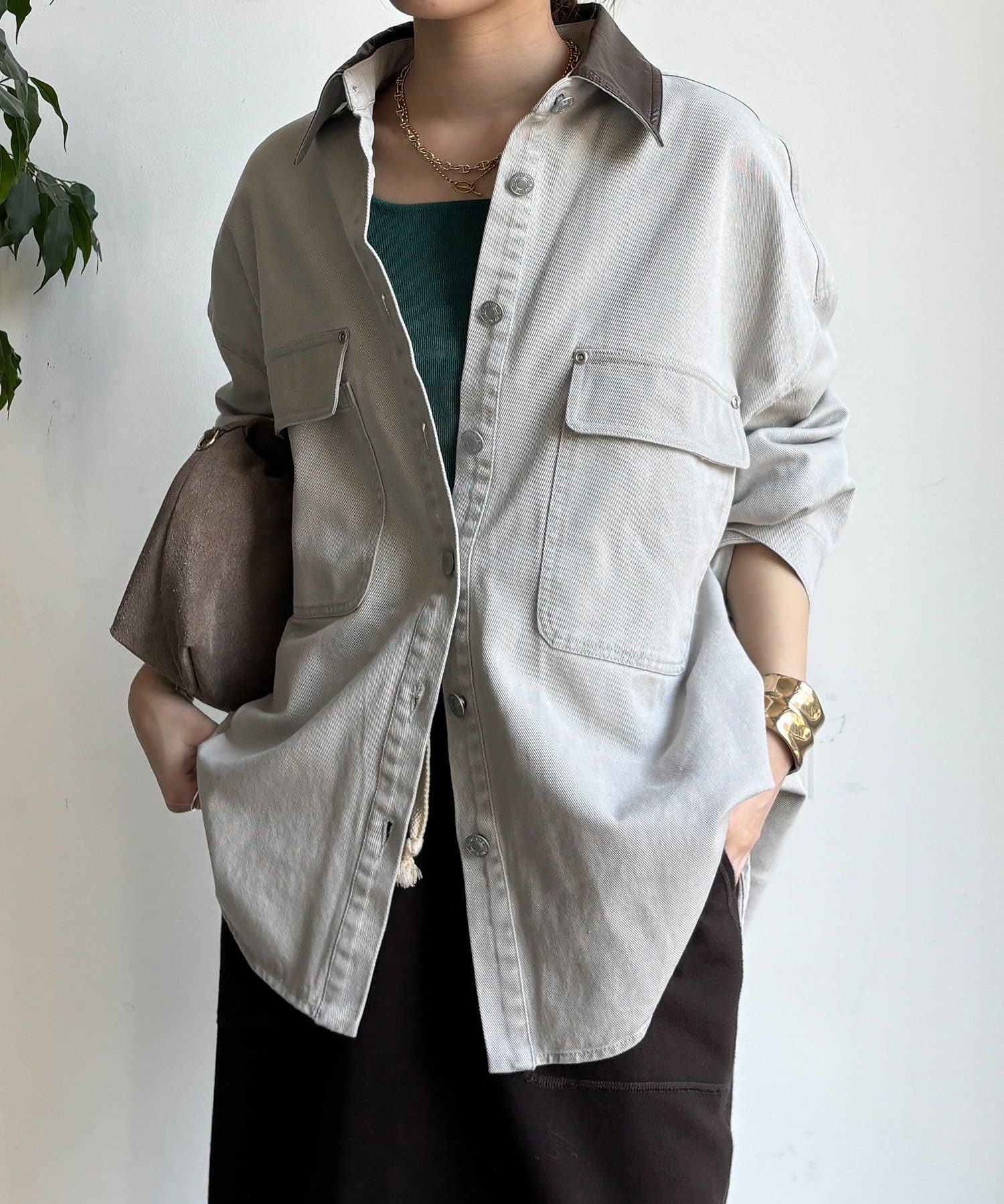 OUTLET(アウトレット) 【DouDou】フェイクレザー衿シャツジャケット