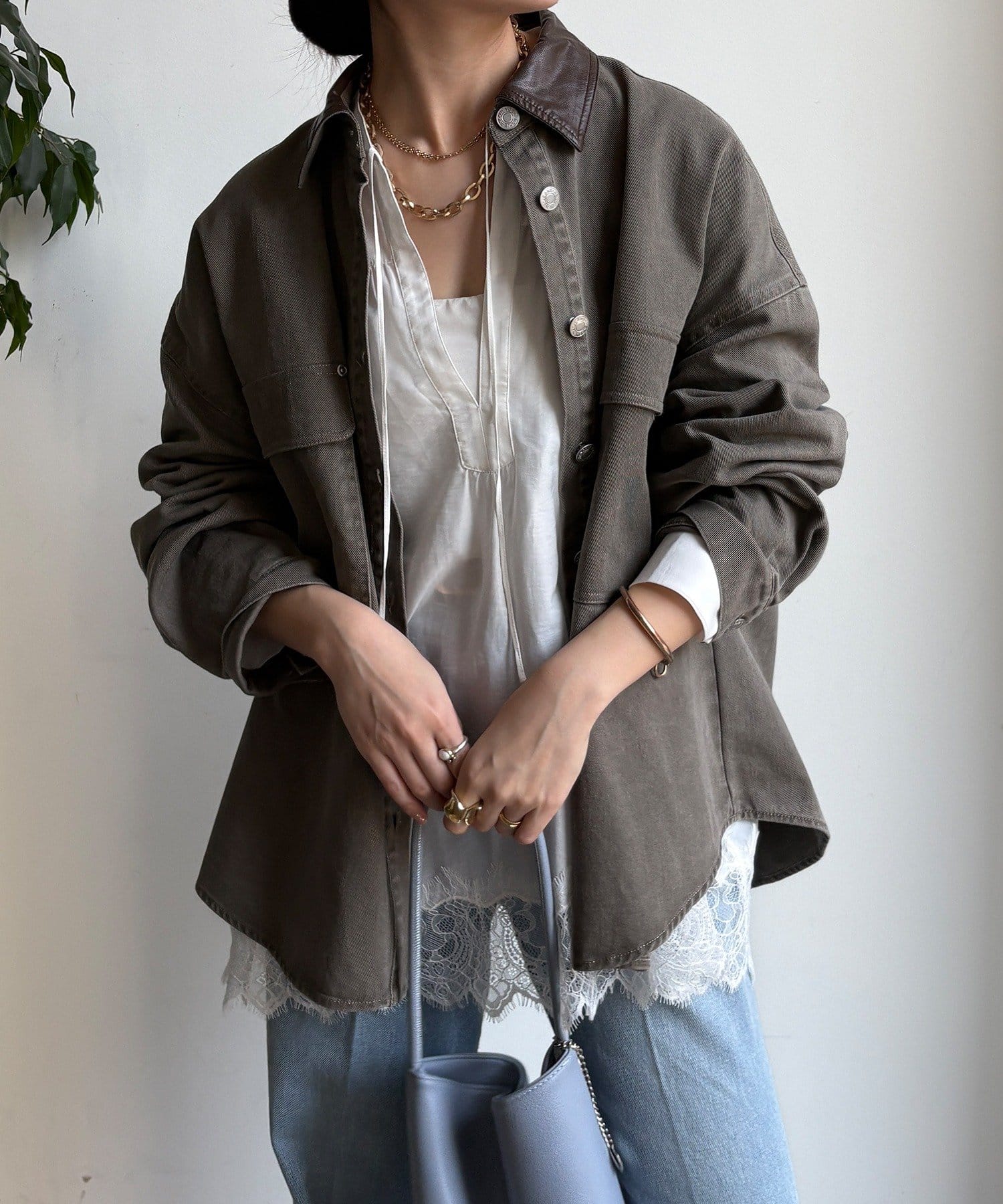 OUTLET(アウトレット) 【DouDou】フェイクレザー衿シャツジャケット