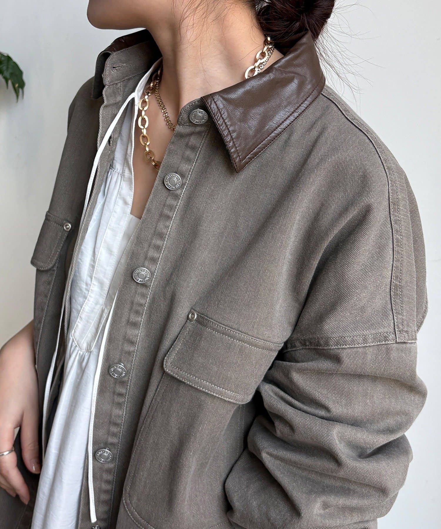 OUTLET(アウトレット) 【DouDou】フェイクレザー衿シャツジャケット