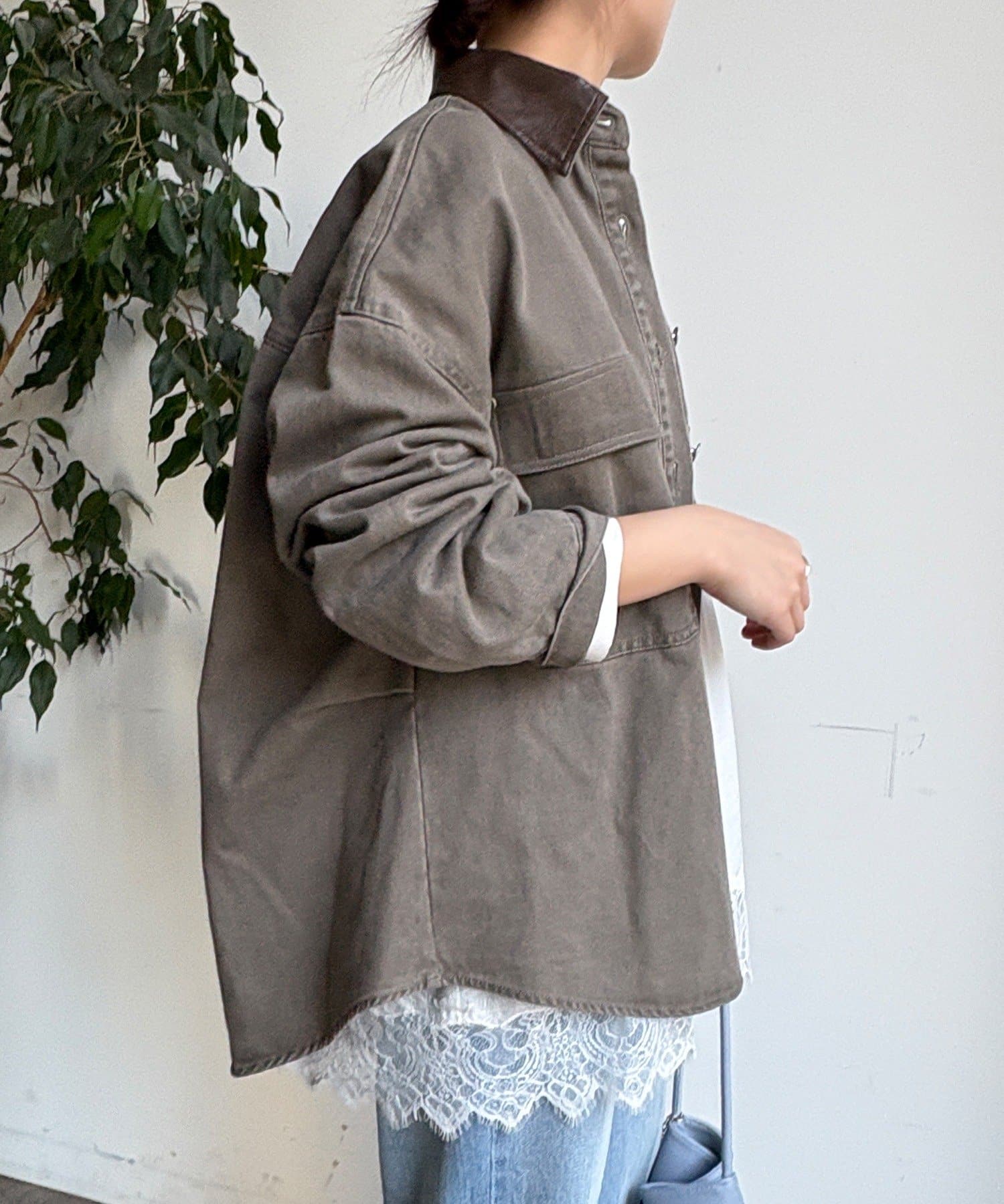 OUTLET(アウトレット) 【DouDou】フェイクレザー衿シャツジャケット