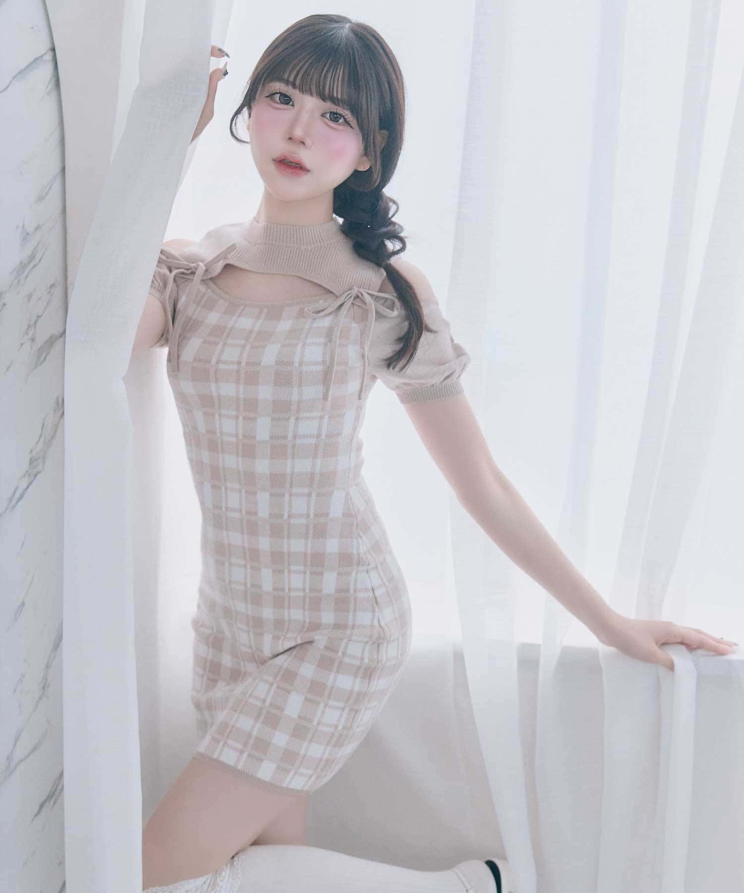 Belle Charme(ベルシャルム) 2way Check Knit Onepiece