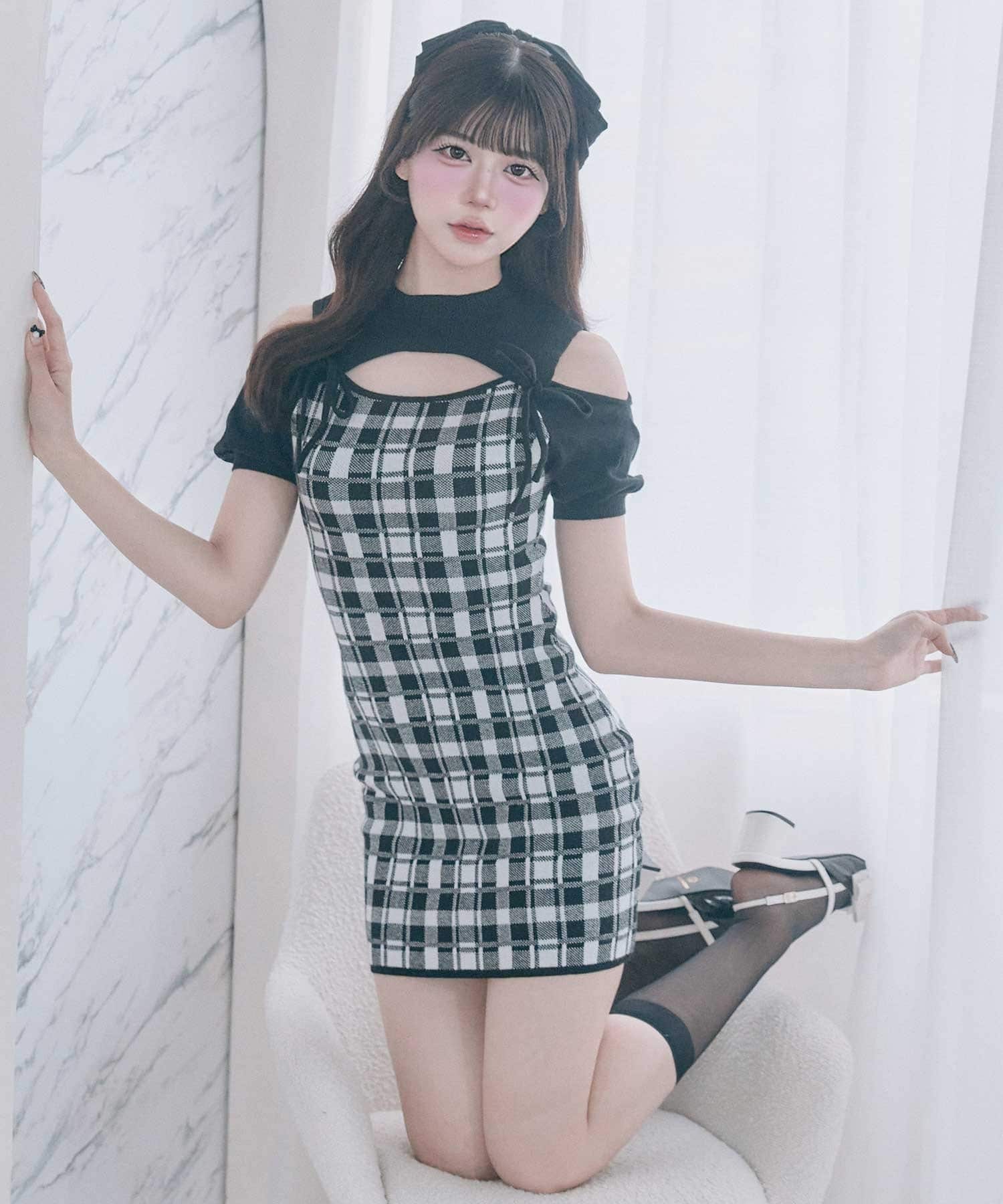 Belle Charme(ベルシャルム) 2way Check Knit Onepiece