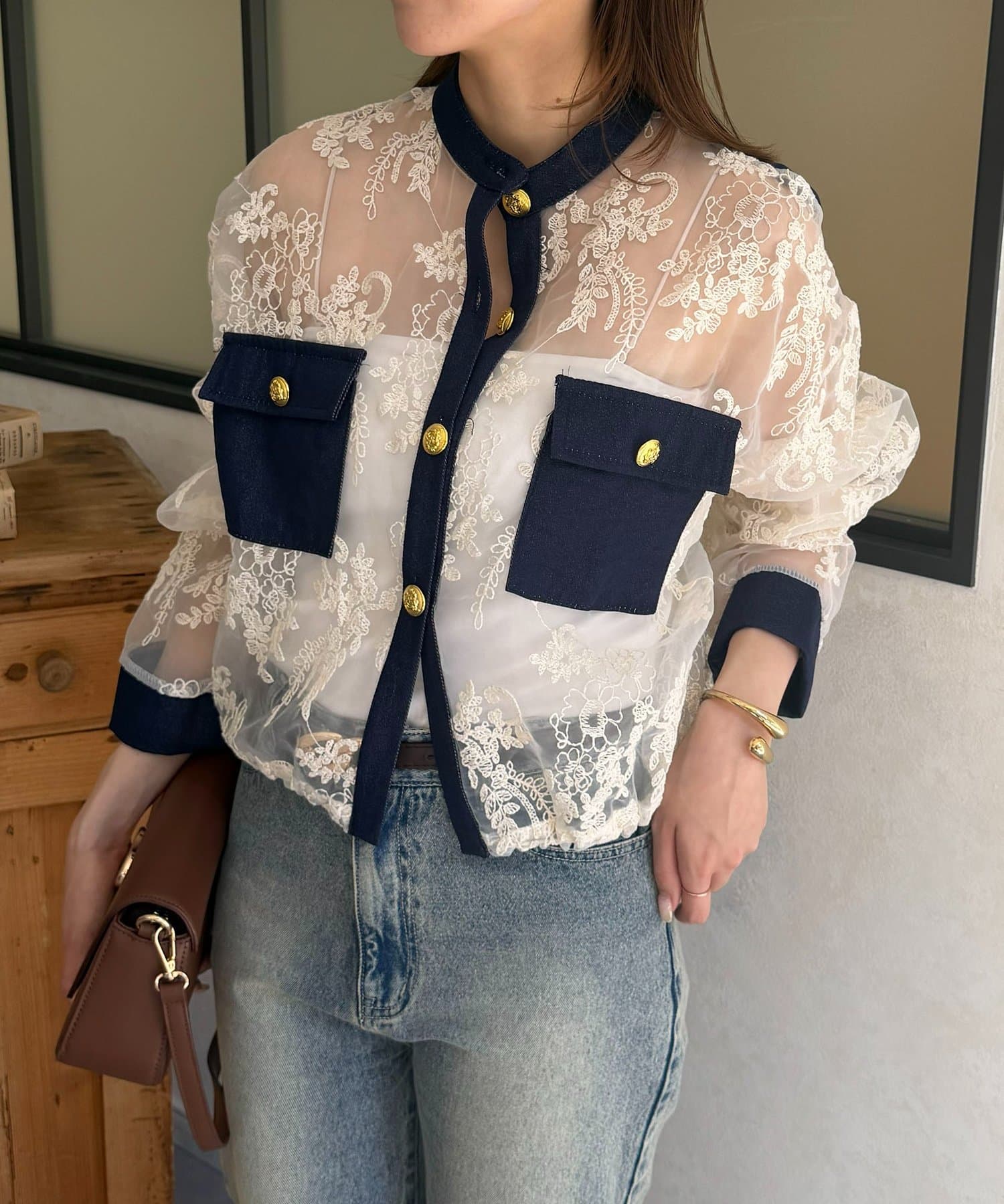 Thevon.(ゼヴォン) GOLD釦デニム切替レースジャケット