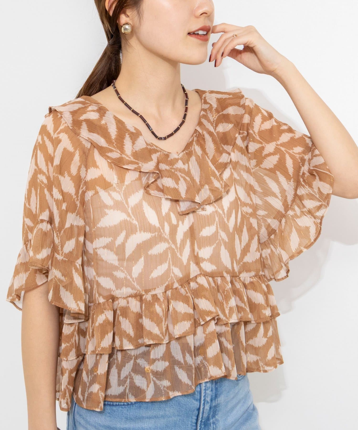 NOLLEY'S(ノーリーズ) 【Import Fabric】ウォッシャブル楊柳リーフ柄フリルブラウス