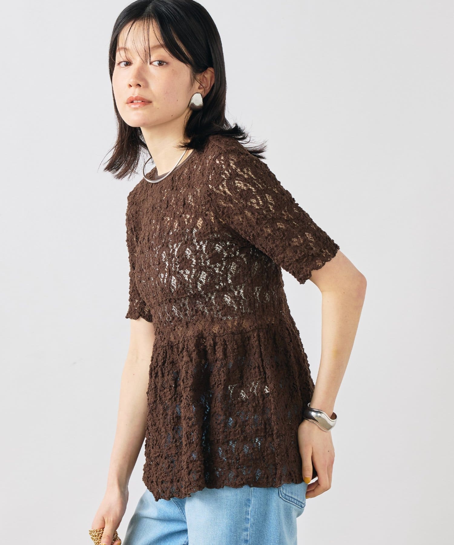 NOLLEY'S(ノーリーズ) ウォッシャブルストレッチレースペプラム半袖プルオーバー