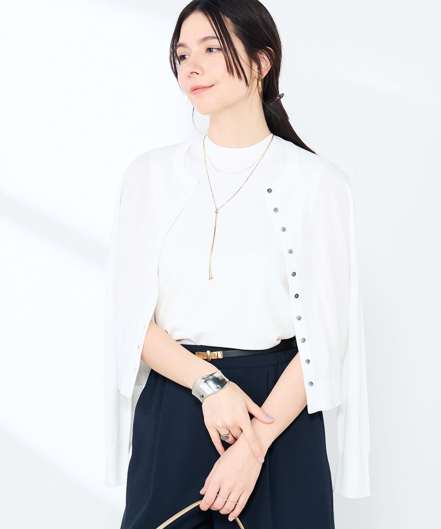 NOLLEY'S(ノーリーズ) 《アンサンブル対応》マルチファンクションハイゲージクルーネックカーディガン