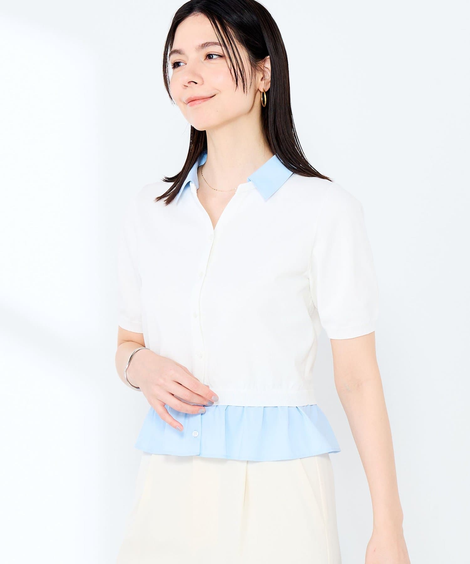 NOLLEY'S(ノーリーズ) 《手洗い可能/セットアップ対応》布帛襟取り外し可裾布帛半袖カーディガン