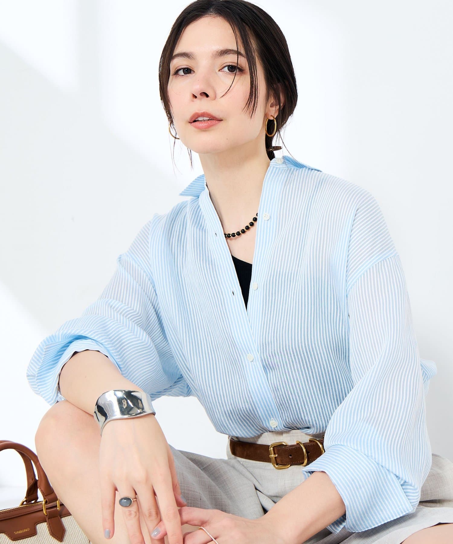 NOLLEY'S(ノーリーズ) ウォッシャブルACARライトストライプ3WAYオーバーシャツ