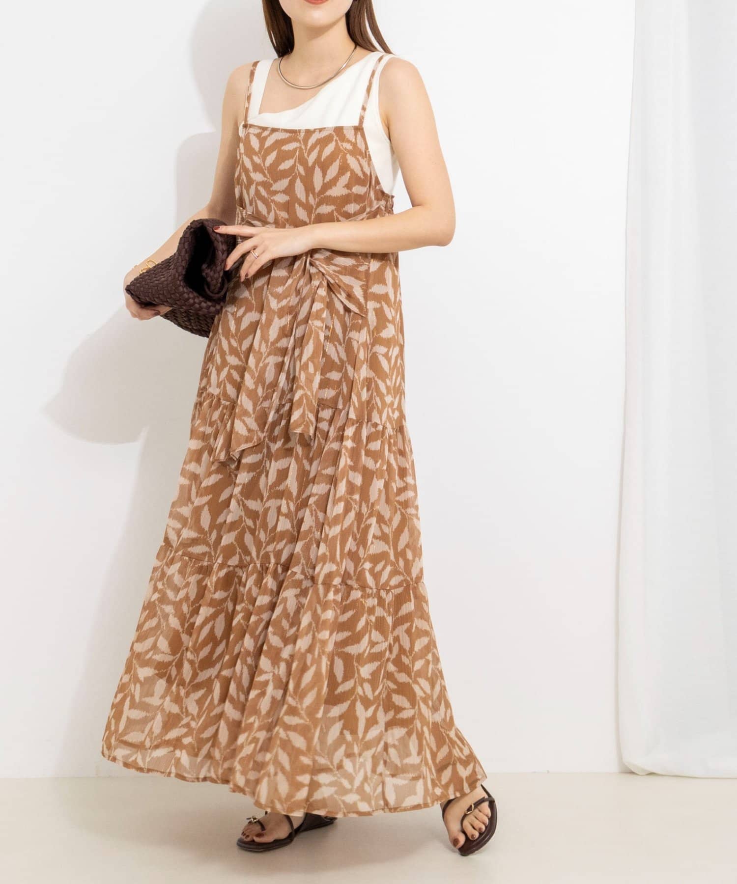 NOLLEY'S(ノーリーズ) 【Import Fabric】ウォッシャブル楊柳リーフ柄ウエストリボンワンピース