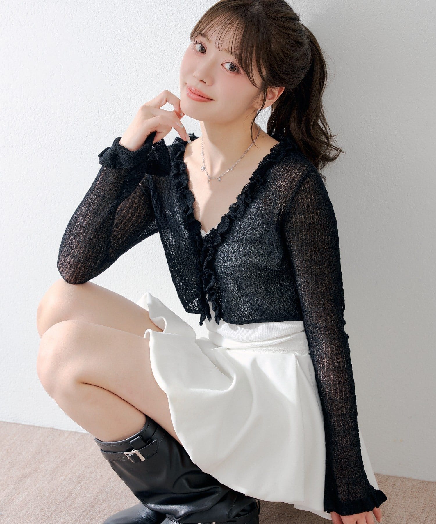 Chico(チコ) フリルシアーニットカーディガン