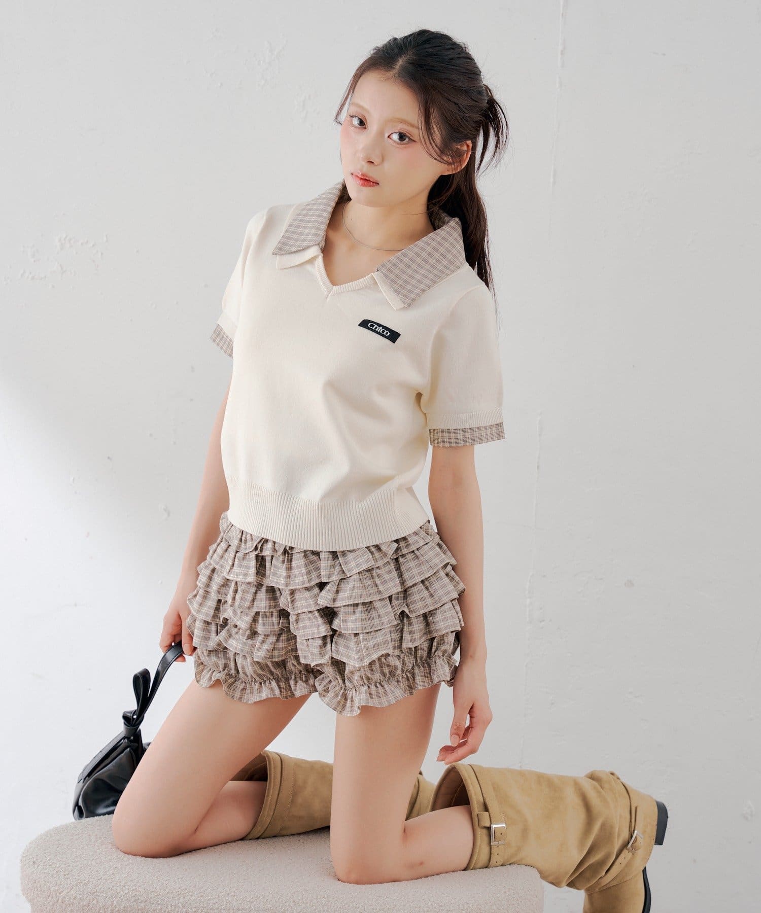 Chico(チコ) 【WEB限定カラーあり】半袖シャツレイヤードVネックニット