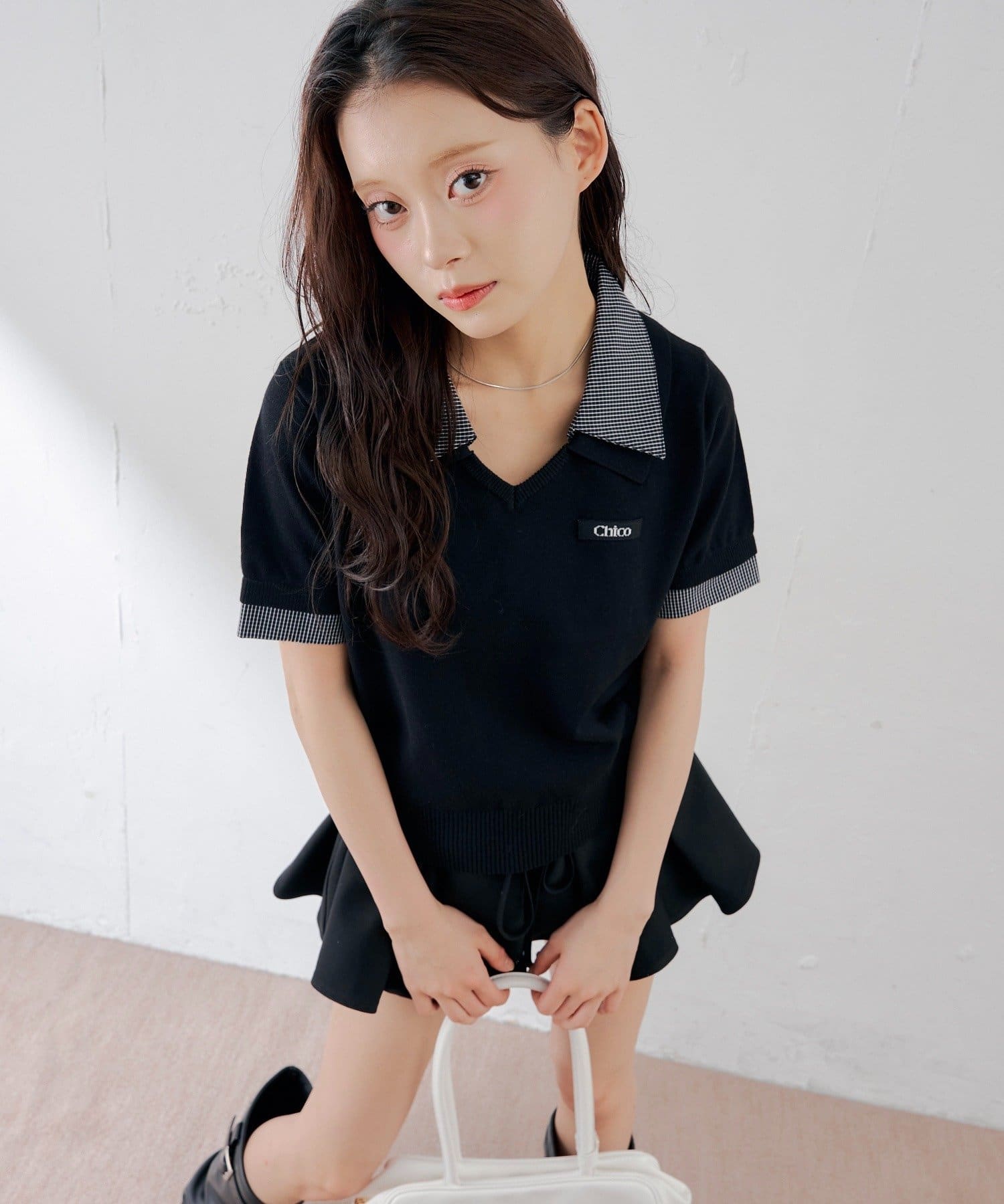 Chico(チコ) 【WEB限定カラーあり】半袖シャツレイヤードVネックニット