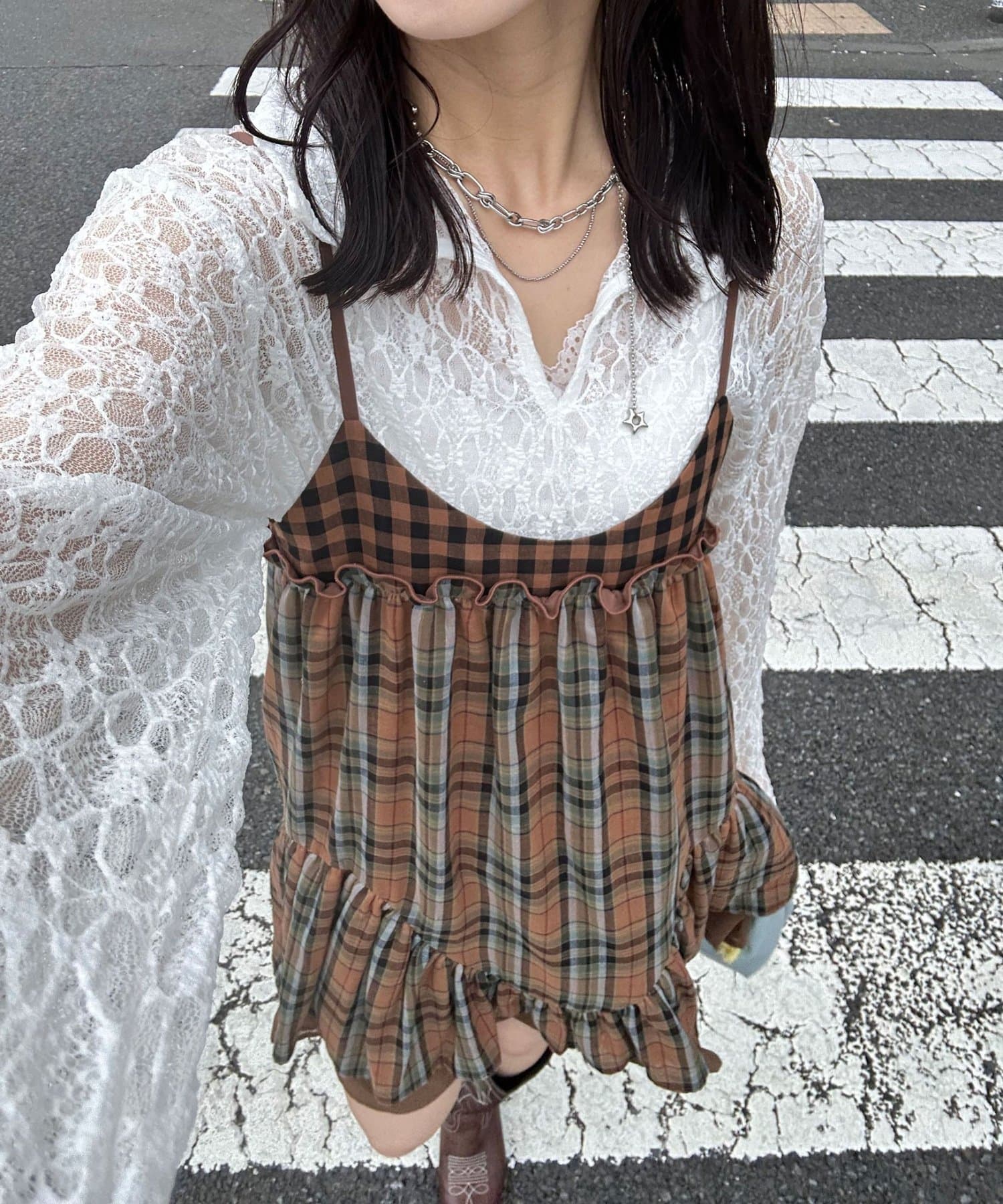 CIAOPANIC(チャオパニック) レトロチェックギャザーチュニックキャミワンピース