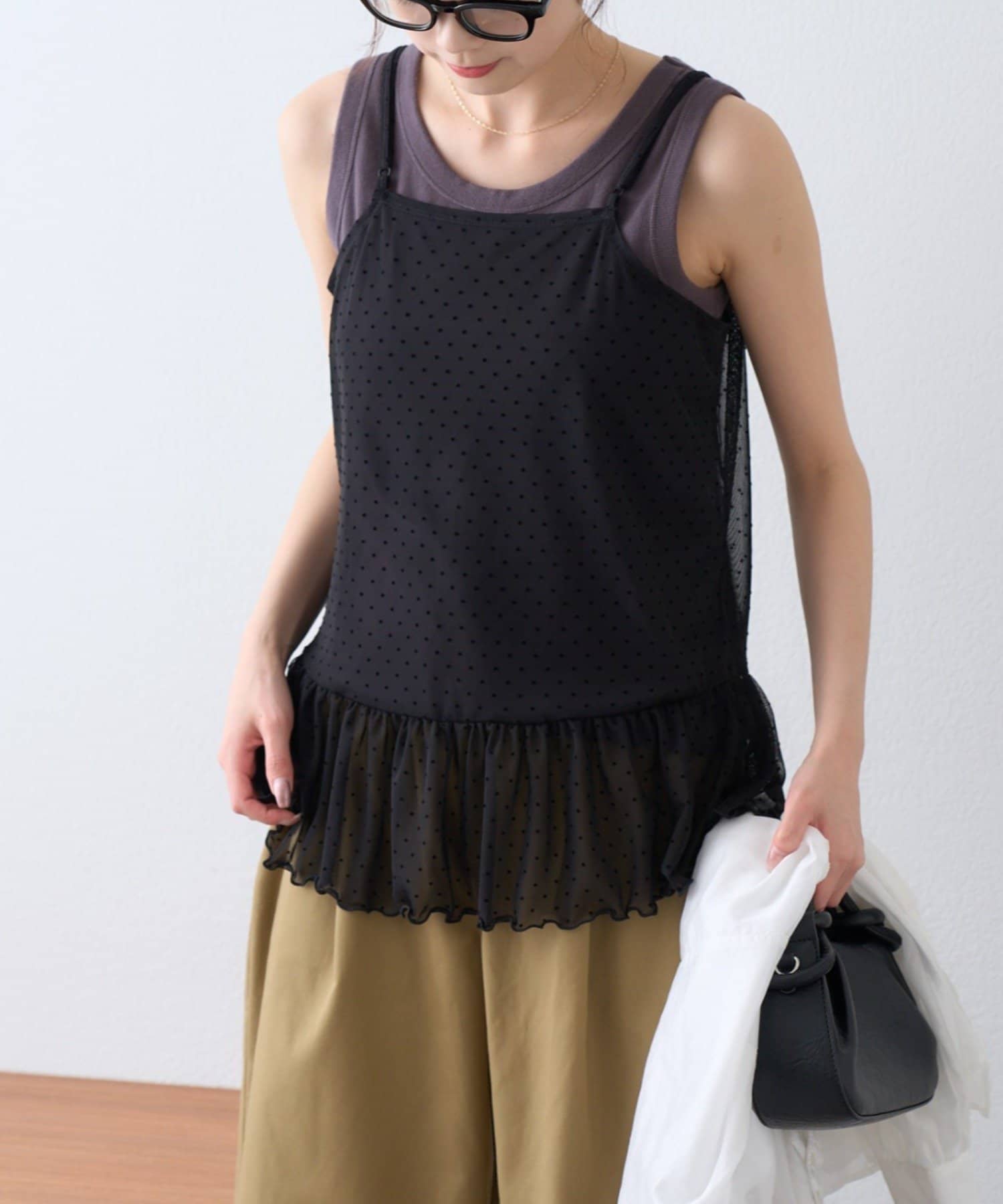 CIAOPANIC TYPY(チャオパニックティピー) 【2WAY】フロッキードットチュール裾フリルキャミ