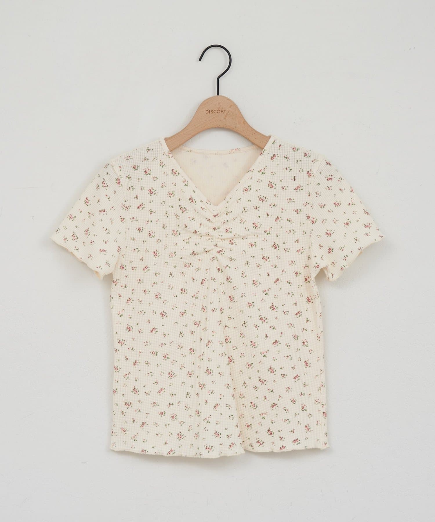 DISCOAT(ディスコート) 【umm.】胸ギャザー花柄ワッフル半袖トップス